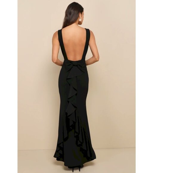 Lulus Exquisite Refinement Black Backless Bow Ruffled Maxi Dress Lulus XS NWT - Picture 6 of 8